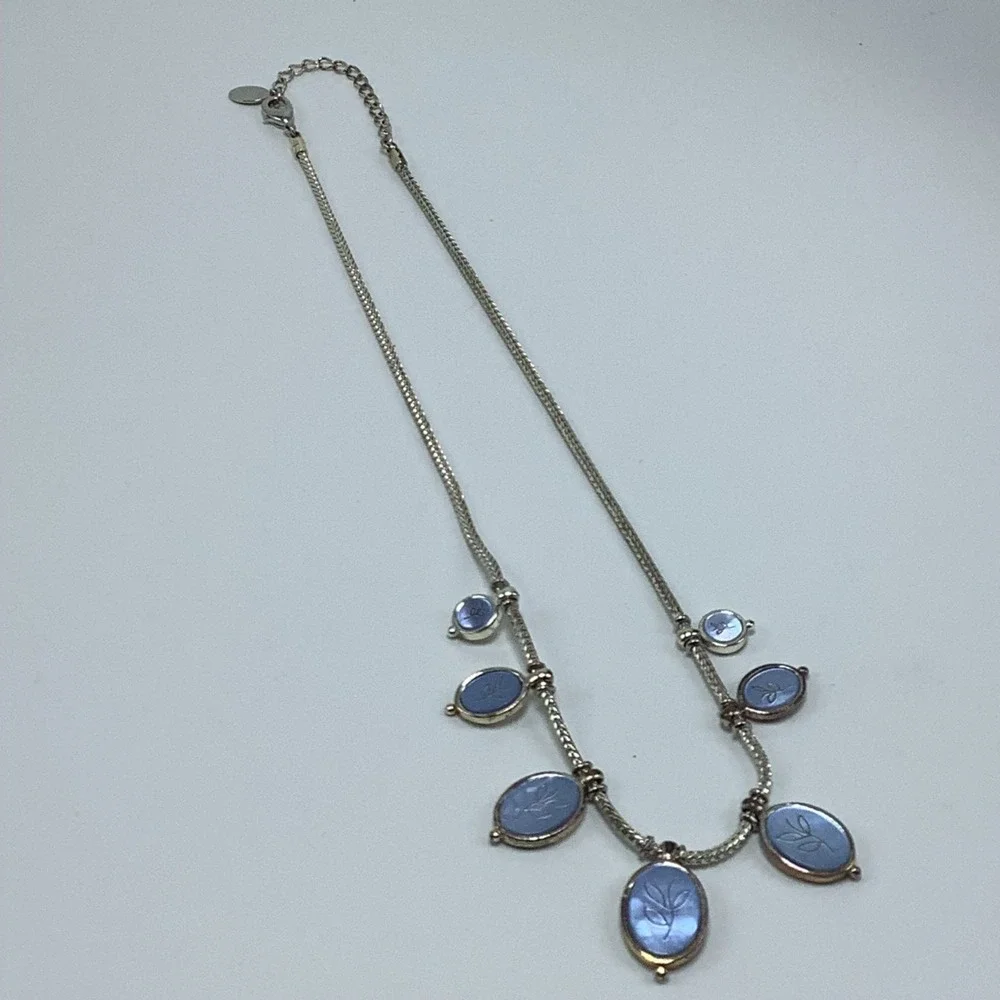 Vintage Carolina Herrera Blue Abalone Necklace 7 Oval Leaf Stem Pendants - Picture 3 of 6